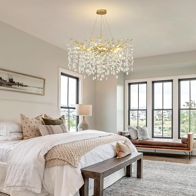 Modern Crystal Chandelier Gold Tree Branch Chandelier 23.6" Luxury Gold K9 Crystal Chandeliers 6-Light Ceiling Hanging Chandeliers for Dining Room Kitchen Island Foyer