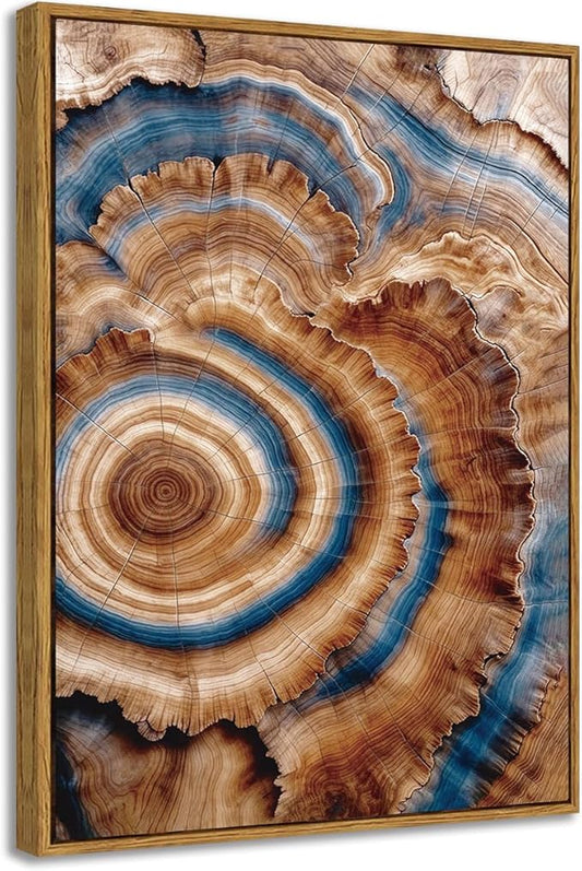 BingruiArt Framed Tree Ring Canvas Wall Art Abstract Wood Wall Decor Boho Modern Colorful Nature Painting Wood Stump Prints Pictures for Living Room Bedroom Bathroom Office 12"x16" Natural Framed(10)
