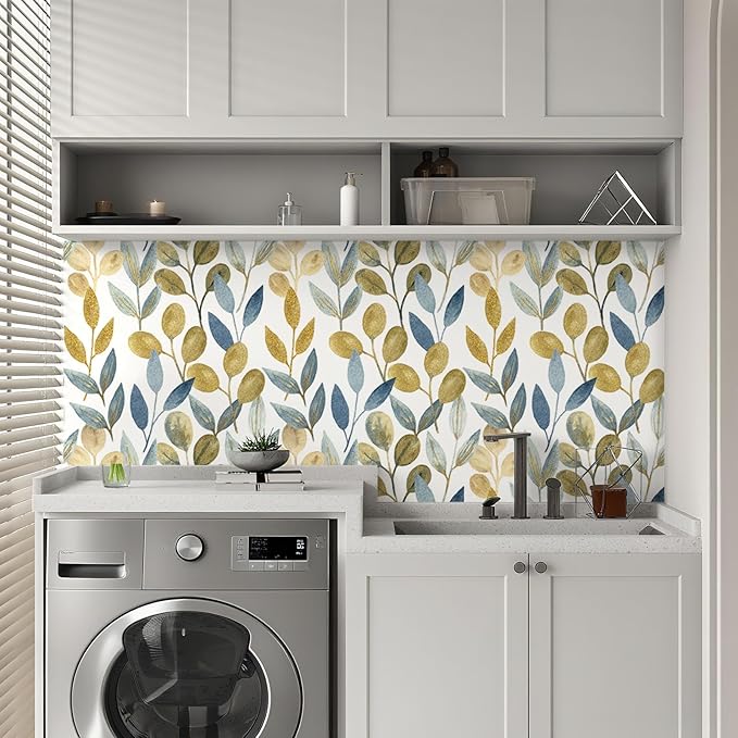 Blue Gold Leaf Peel and Stick Wallpaper Modern Self Adhesive Contact Paper Waterproof Removable Wall Paper for Bathroom Cabinets and Drawers 17.7"x212.6" Luxury Decorative Wallpaper