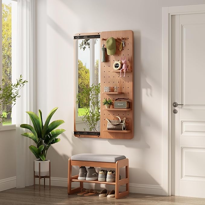 KungFuWood Full Length Mirror with Shelf and Hooks,Entry Way Mirrors for Wall,Wall Mirror with Shelf,Wall Mirror with Storage Multifunctional Design Panel,Living Room