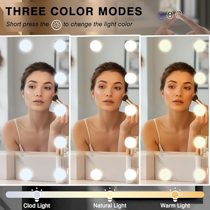 32x32 Hollywood LED Bathroom Mirror with LED Bulbs, Colors Changeable & Brightness Dimmable, Anti-Fog Mirror, Shatter-Proof, Memory, Touch Screen Mirror, Wall Mounted, Horizontal/Vertical