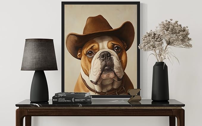 Bulldog Cowboy Art Print Poster Wall Art, Western Country Farmhouse Wild West for Bedroom, Bathroom, Living Room Art Decor 58 (Bulldog, 11 x 14 inches, Black Frame)
