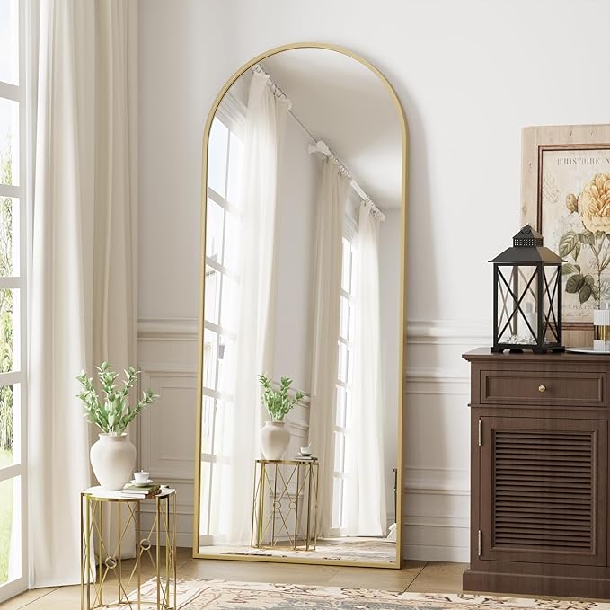 Arched Gold Full Length Mirror, 58"X18" Large Floor Mirrors with Stand for Leaning or Hanging, Full Body Mirrors for Living Room,Bedroom, Dressing Room, Aluminum Alloy Frame, Gold