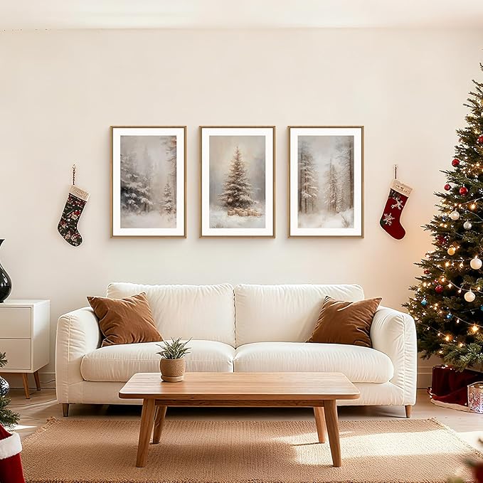 Aryroi Winter Snowy Forest Landscape Framed Canvas Wall Art Set,Modern Woodland Frosty Scenery Wall Decor,Nature Snow Covered Pine Tree Botanical Artwork for Living Room, Bedroom,Farmhouse- 16"x24"x3