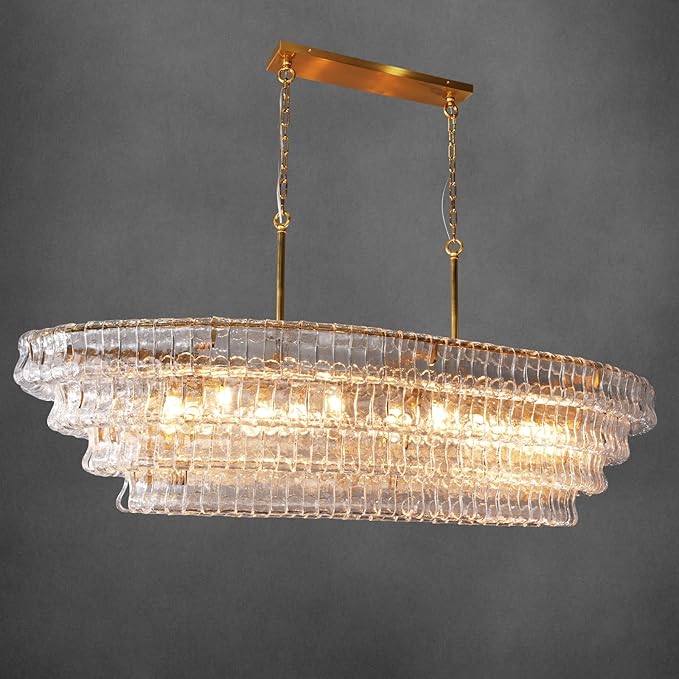 65 Inch Large Rectangular Gold Chandelier for Dining Room, Clear Glass Drum Modern Pendant Light Fixture, Extra Long Kitchen Island Lighting
