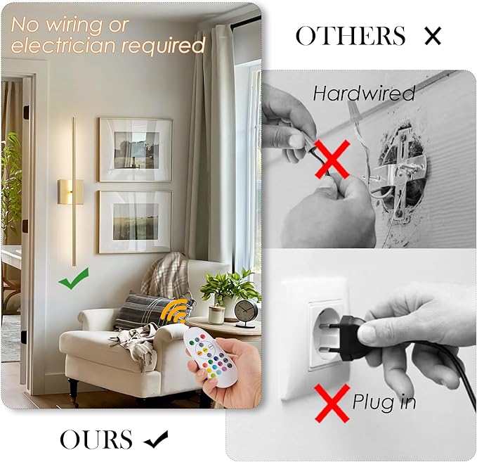 Battery Operated Wireless Wall Sconces Set of Two, with Remote, Dimmable, Warm White/Natural White/Daylight/RGB, 350°Rotate, LED Gold Wireless Wall Light for Living Room, Bedroom, 28.3 Inch