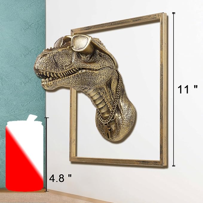 JJALIGHTS Exquisite Resin Animal Head Wall Sculpture (Gift Metal Frame) - Imitation Copper Vintage Decor for Living Room, Bedroom & Office | Decorative Wall Hanging Art (Dinosaur)