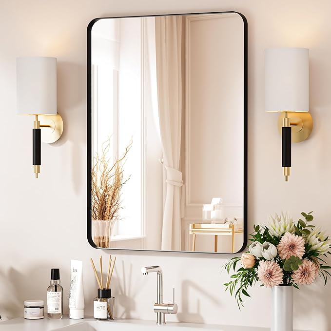 Black Bathroom Mirror 22x30 Inch Bathroom Vanity Mirror for Wall, Metal Frame Large Mirror, Tempered Glass, Modern Wall Mirror for Bathroom, Farmhouse, Horizontally or Vertically Hanging