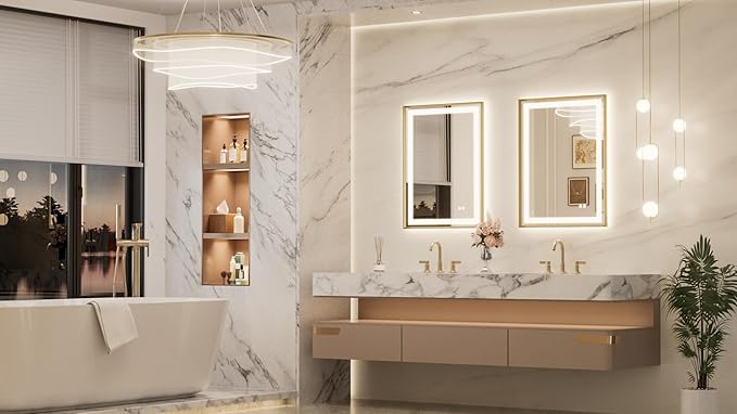 Keonjiinn 24 x 32 Inch LED Bathroom Mirror with Frontlit & Backlit, Gold Lighted Bathroom Vanity Mirror, Metal Framed Beveled Edge, UL Listed LED Driver, Tempered Glass, 3 Color Lights, Safe Defogging