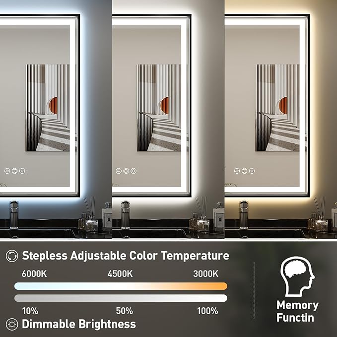 48x30 Inch LED Bathroom Mirror with Lights, Frontlit & Backlit Black Metal Frame Mirror, Wall Mounted Lighted Vanity Mirrors, Double Lights Strips,Anti Fog Dimmable & 3 Colors Temperature