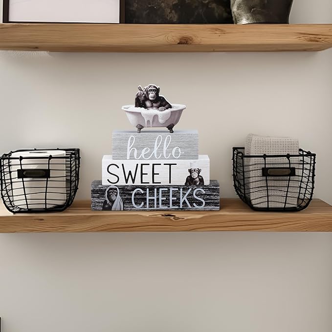 4 Pcs Chimpanzee Bathroom Decor Farmhouse Chimp Bathroom Decoration Western Hello Sweet Cheeks Table Centerpiece Christmas