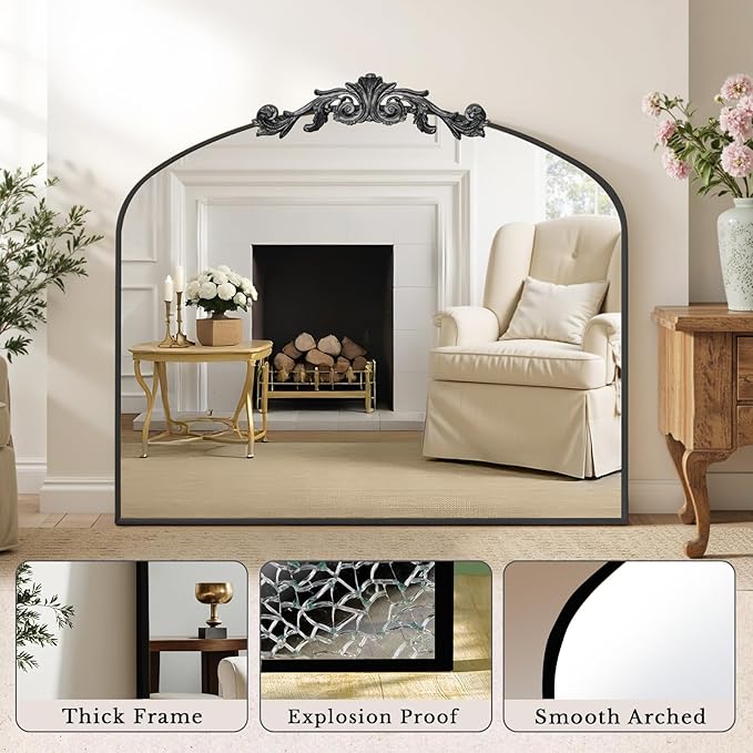 MISSDAY Vintage Arched Baroque Mirror for Wall, 36"X30" Antique Wall Mirror with Elegant Carving Top, Full Metal Frame Wall-Mounted Mirror for Bathroom, Living Room, Fireplace, Entryway, Matte Black