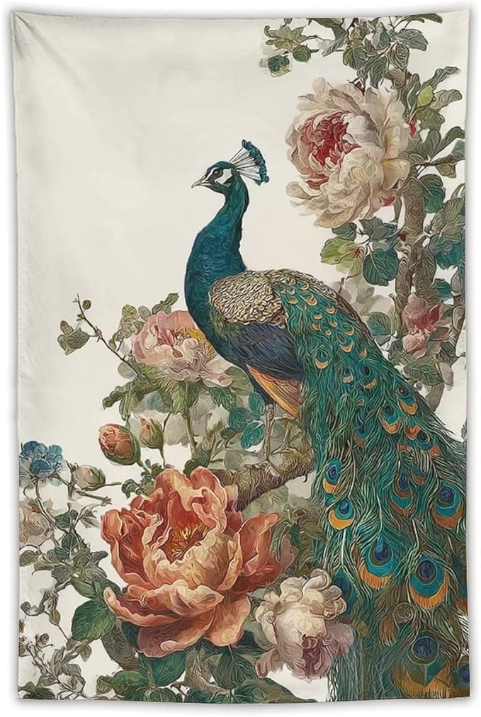 UUKXKUU Peacock Oriental Retro Blooming Flowers Tree Tapestry Flag Backdrop Wall Hanging Large Wall Art Decor for Dorm Office Bedroom Living Room 40"×60"