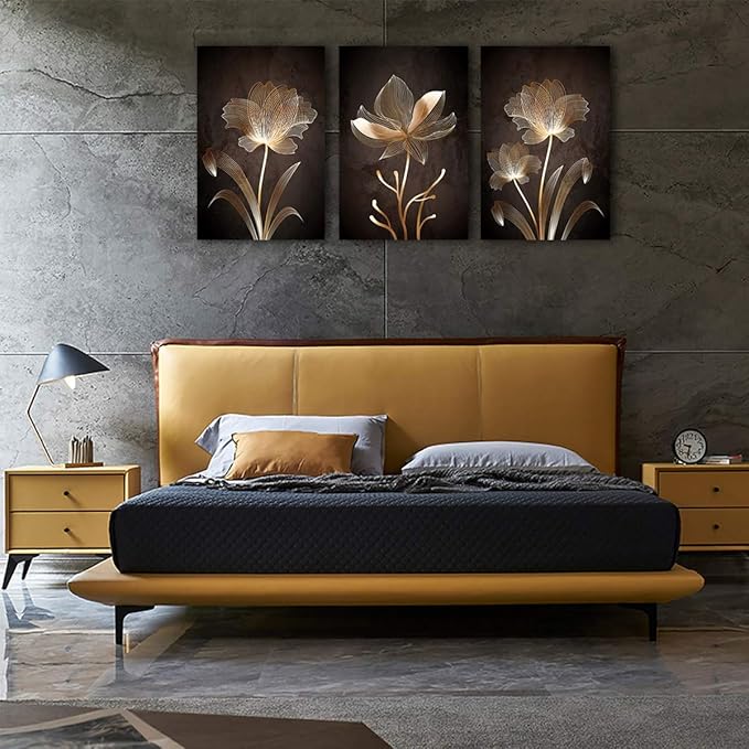 arteWOODS Abstract Wall Art Golden Flowers Canvas Pictures Contemporary Minimalism Abstract Artwork for Bedroom Bathroom Living Room Wall Decor 16" x 24" x 3 Pieces