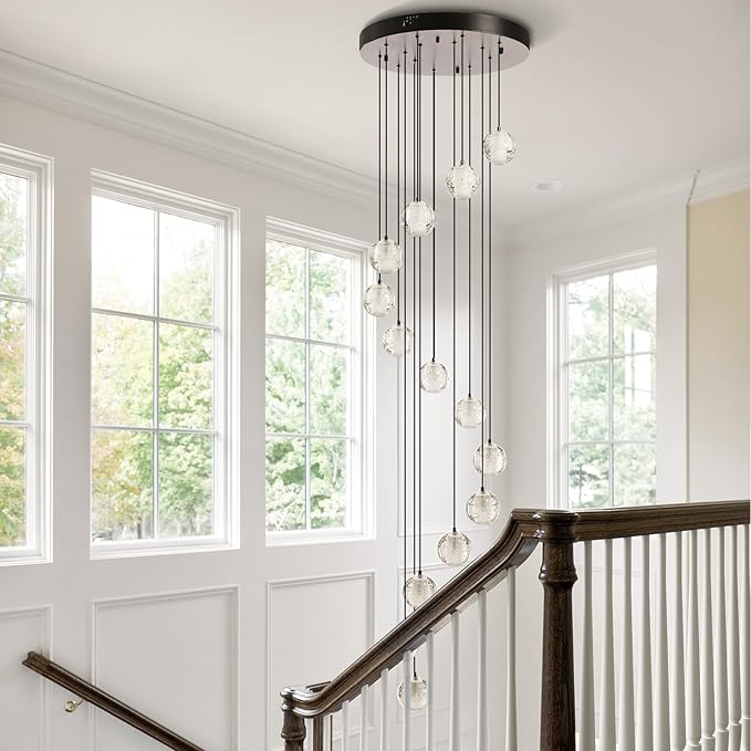 Black chandelier-14-Lights Staircase Chandelier for Living Room Hight Ceiling Foyer Pendant Lighting Fixture Modern Crystal Chandelier Spiral Stairwell Lighting Round Base Light, Warm Light
