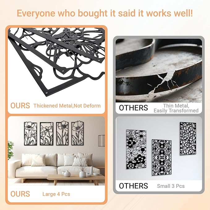 Metal Wall Art Flowers Set of 4, Framed Flower Wall Art for Living Room Bedroom Entryway, 4-Piece Floral Wall Decor, Enhance Home Ambiance with Harmonious Energy, Metal Wall Decor with Positive Vibes (Black, 40" x 21"/102x54cm, Framed)