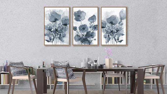 arteWOODS Botanical Framed Wall Art - Abstract Watercolor Style Pictures Grey Blue Floral Wall Decor Minimalist Prints Aesthetic Flowers Painting Artwork 24" x 36" Set of 3 Natural Framed