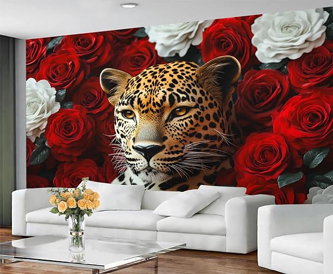 Leopard Mural Wallpaper, Floral Leopard Murals, 3D Wild Animal Murals, Wallpaper for Living Room Bedroom Boy Girl Room Home Decor Mural (Not Peel Stick)