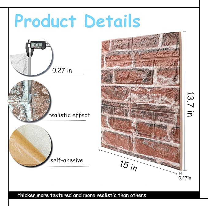 3D Wall Panels Peel and Stick in Red White Stone, 10 PCS XPE Foam Stone 3D Wallpaper, Faux Brick Wall Panels for Bedroom, Stairs, Kitchen