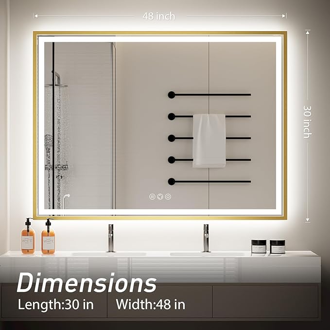 48X30 Inch Led Bathroom Mirror,Front and Backlit Lighted Mirror,Gold Metal Frame Vanity Light Mirror for Wall,Double Lights Strips,Anti Fog Stepless 3 Colors Temperature & Dimmable