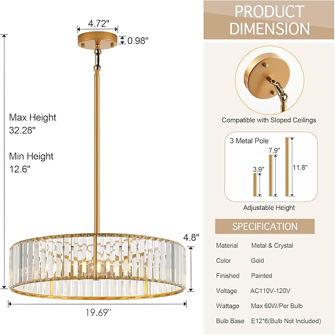 Modern Crystal Gold Chandelier for Dining Room,19.7 inch Semi Flush Mount Ceiling Dining Room Light Fixture with E12 Base*6,Round Pendant Lighting for Bedroom Hallway Bathroom Foyer Kitchen
