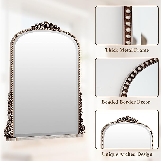 32x24 Beaded Arched Mirror, Bathroom Mirror for Over Sink, Metal Frame Wall Decor for Entryway, Bedroom, Living Room, Silver