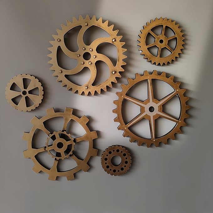 6 Piece Extra Large Vintage Wooden Gears Wooden Gears Wheels with Rustic Metal Look - Industrial Style Wall Decor Set for Home, Bar, Cafe, and DIY Crafts