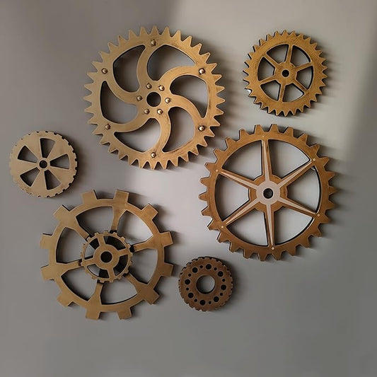 6 Piece Extra Large Vintage Wooden Gears Wooden Gears Wheels with Rustic Metal Look - Industrial Style Wall Decor Set for Home, Bar, Cafe, and DIY Crafts