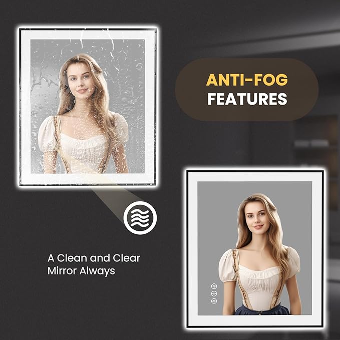 LOAAO 28"X32" LED Bathroom Mirror Black Framed, Anti-Fog, Dimmable, Lighted Bathroom Vanity Mirror for Wall, Memory Function, Tempered Glass