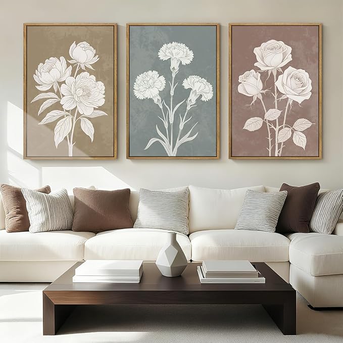 BINCUE Extra Large Neutral Botanical Wall Art Decor Floral Painting Flower Print for Living Room Bedroom Bathroom Dining Room 24" Lx36 W 3 Piece