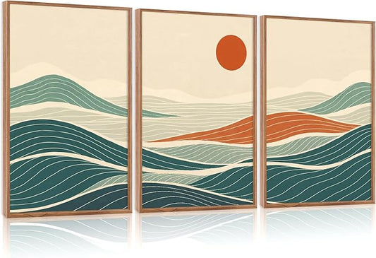 CHDITB Coastal Wave Framed Canvas Wall Art Set, Panoramic Minimalist Sea Wall Decor, Sun Ocean Waves Line Art Wall Painting, Modern Blue Art Prints for Living Room, Beach House Decor 16"x24"x3