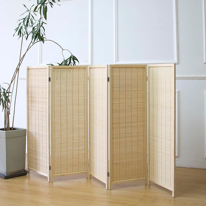 5 Panel Room Divider Short Folding Screen Divider,Double Sided Bamboo Panel Divider for Room Separation,Beige,47.2" H x 76.75" W