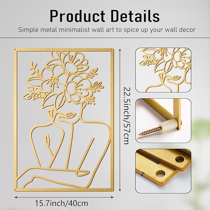 Bakovity Gold Metal Wall Art, Abstract Flower Line Sculpture, Gold Minimalist Modern Wall Decor for Living Room, Bedroom, Bathroom (4 Pieces, 22.5 x 15.7 Inches)