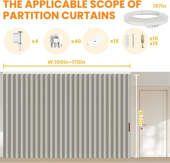 AJAZZ 100% Blackout Room Divider Curtains - with Flexible Ceiling Curtain Track, Noise Reduce Barrier for Portable Curtain for Sliding Glass Door/Space Room Divider (Grey, W180 x L96, 1 Pack)