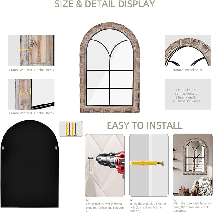 36x24 inches Dark Wood Arched Mirrors for Wall, Farmhouse Decorative Arch Mirror for Bedroom, Living Room, Bathroom, Entryway - Hanging or Leaning