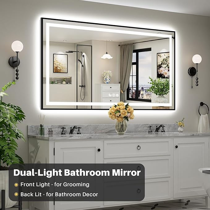 72x40 Inch LED Bathroom Mirror with Black Frame, Backlit & Front Lit, Anti-Fog Lighted Bathroom Vanity Mirror for Wall, Memory Function, Dimmable, HD Tempered Glass, Shatter-Proof