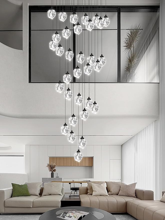 Large Black Staircase Chandelier 150 inch Long Crystal Chandelier for High Ceiling Entrance Crystal Ceiling Lighting LED Dimmable 3000-6000K 32 Light