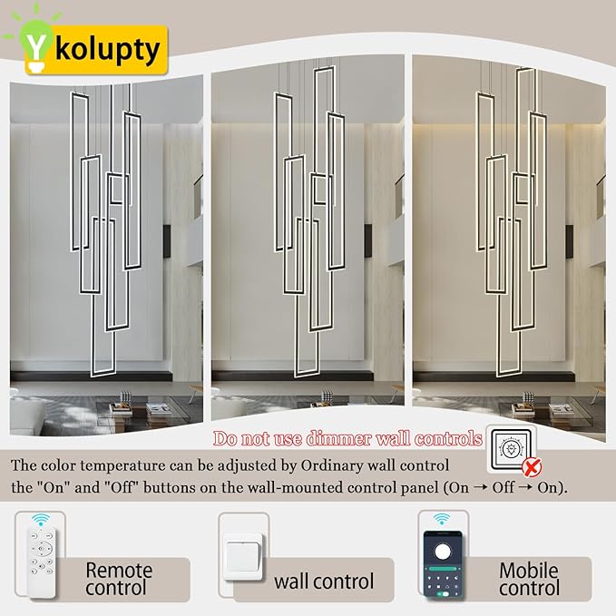 6-Rings Modern Chandelier,H138 Rectangle Chandeliers for Staircase,LED Dimmable High Ceiling Chandeliers Large Contemporary Chandelier for Villa Foyer Black