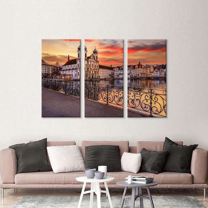3Pcs European Cityscape Canvas Wall Art Scenic Sunset Over River Cathedral with Domes Lucerne-Inspired Architecture Romantic Travel Destination Decorative Framed Artwork for Living Rooms Bedrooms
