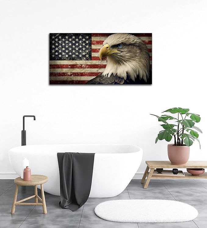 American Flag Canvas Wall Art - Flag of USA with Eagle Pictures for Wall Decor Patriotic Canvas Printing Artwork Vintage Rustic Design for Living Room Home Office Wall Decoration 20" x 40"