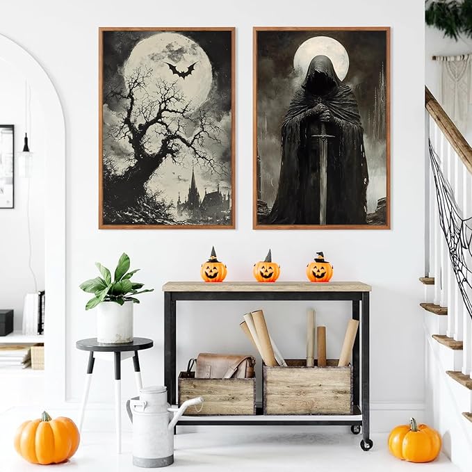 LHIUEM 16”X24”X3-Halloween Pictures Wall Art Large Gothic Posters Dark Academia Sword Michael Myers Artworks Witchy Wall Decor Aesthetic Halloween Skull Whimsical Goth Framed Decor for Living Room