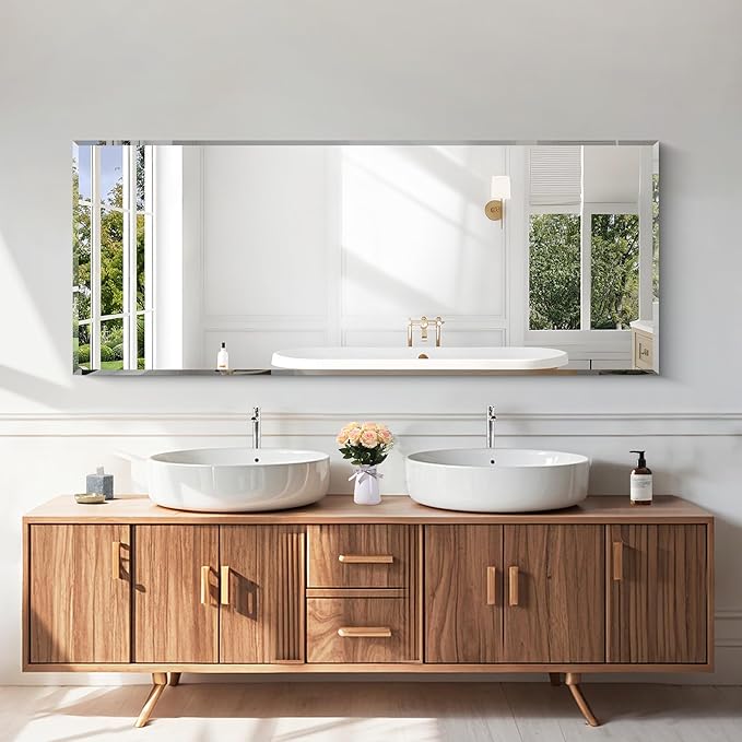 KOCUUY Beveled Mirror, 60x24 Inch Large Frameless Bathroom Mirror for Over Sink, Upgraded Shatterproof Beveled Unframed Design Mirror for Bathroom, Bedroom, Hang Horizontal/Vertical