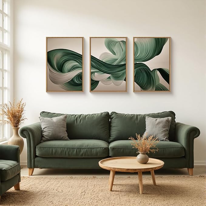 KAIRNE Green Abstract Wall Art Set of 3, Minimalist Green Lines Wall Decor, Modern Flowing Texture Painting for Living Room, Bedroom, Office, Framed Easy to Hang 24x36 Inches