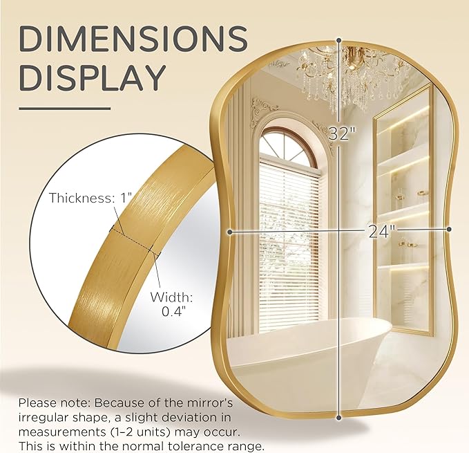 Asymmetrical Wall Mirror 24 * 32 Gold Irregular Abstract Shatter-Proof Aluminum Alloy Decorative Wavy Framed Makeuop Mirrors for Bathroom, Bedroom, Cloakroom, Entryway