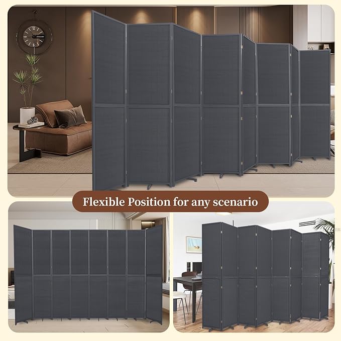 Bamboo Room Divider 8 Panel Wall Divider, 142'' W x 67'' H Folding Design with Extra Stable Base, 100% Bamboo Room Divider Screen for Room Separation, Chinese Room Partitions and Dividers Freestanding