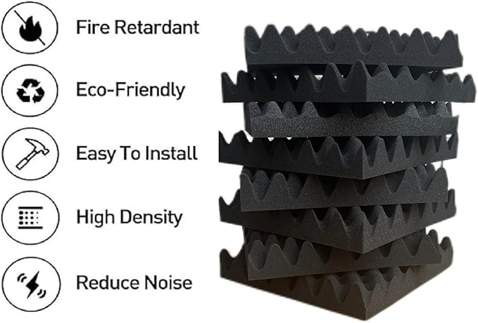 6 Pack Sound Proof Foam Panels for Wall,12" X 12" X 2" Egg Crate Soundproof Wall Panels for Studio,Room Acoustic Treatment Foam,Sound Absorbing Foam Black (6Black)