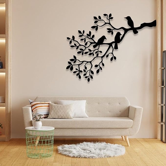 Metal Bird Wall Art, Birds on Branch, Metallic Branches, Metal Tree Branch Wall Art, Metal Wall Art Nature, Metal Wall Art, Metal Wall Decor for Living Room, Wall Hangings (41"x31" | 105x79.5 cm, White)