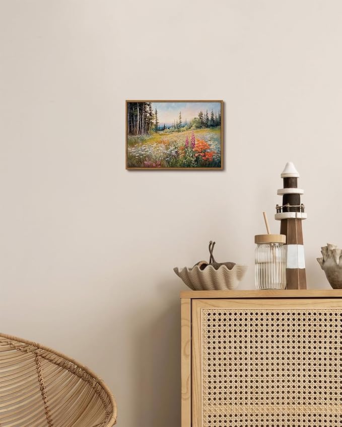 KISSFOX Vintage Framed Wall Art Mountain Meadow Wildflower Landscape Colorful Canvas Art Nature Serene Countryside Paintings Artwork Farmhouse Rustic Art Prints For Bedroom Bathroom Living Room