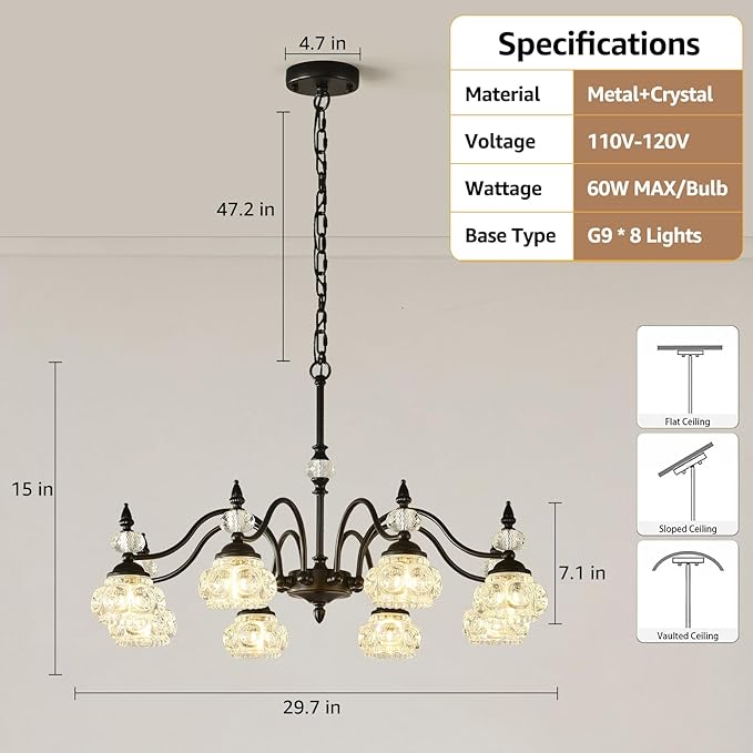 30-Inch Vintage Black Crystal Chandelier for Dining Room, 8-Light Antique Victorian Chandelier Modern Farmhouse Hanging Light Fixtures for Kitchen Island Living Room Bedroom