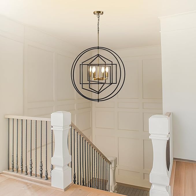 26 Inch Black and Gold Chandelier, 6-Light Farmhouse Chandelier for Entryway, Industrial Foyer Lighting Fixtures, Large Chandeliers for High Ceilings, Modern Hanging Pendant Lights for Staircase